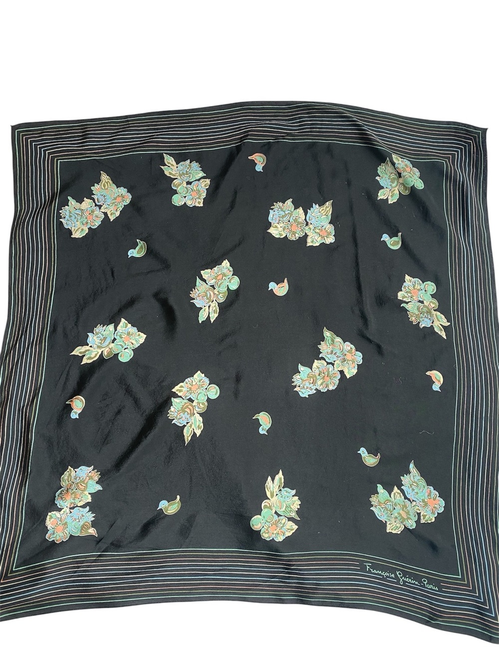 Francoise Guerin-Paris 22” Square Silk Scarf, Flower, Birds, Stripes Black